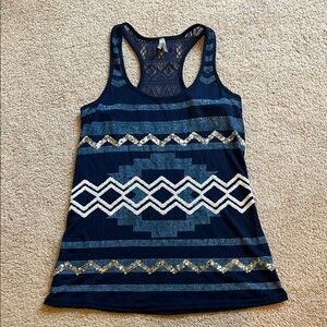 Vanity Blue Graphic Embellished Tank Top